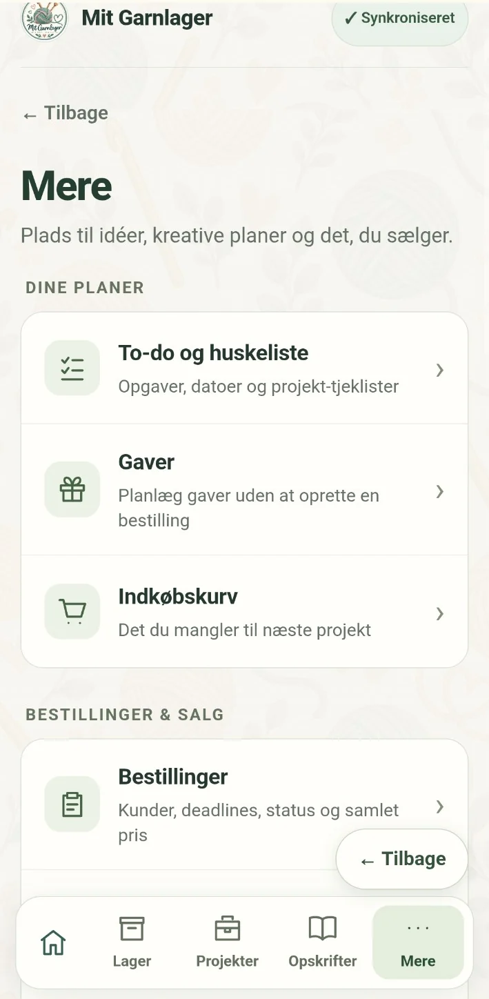 Appens Mere-menu med lister, gaver, indkøbskurv og bestillinger